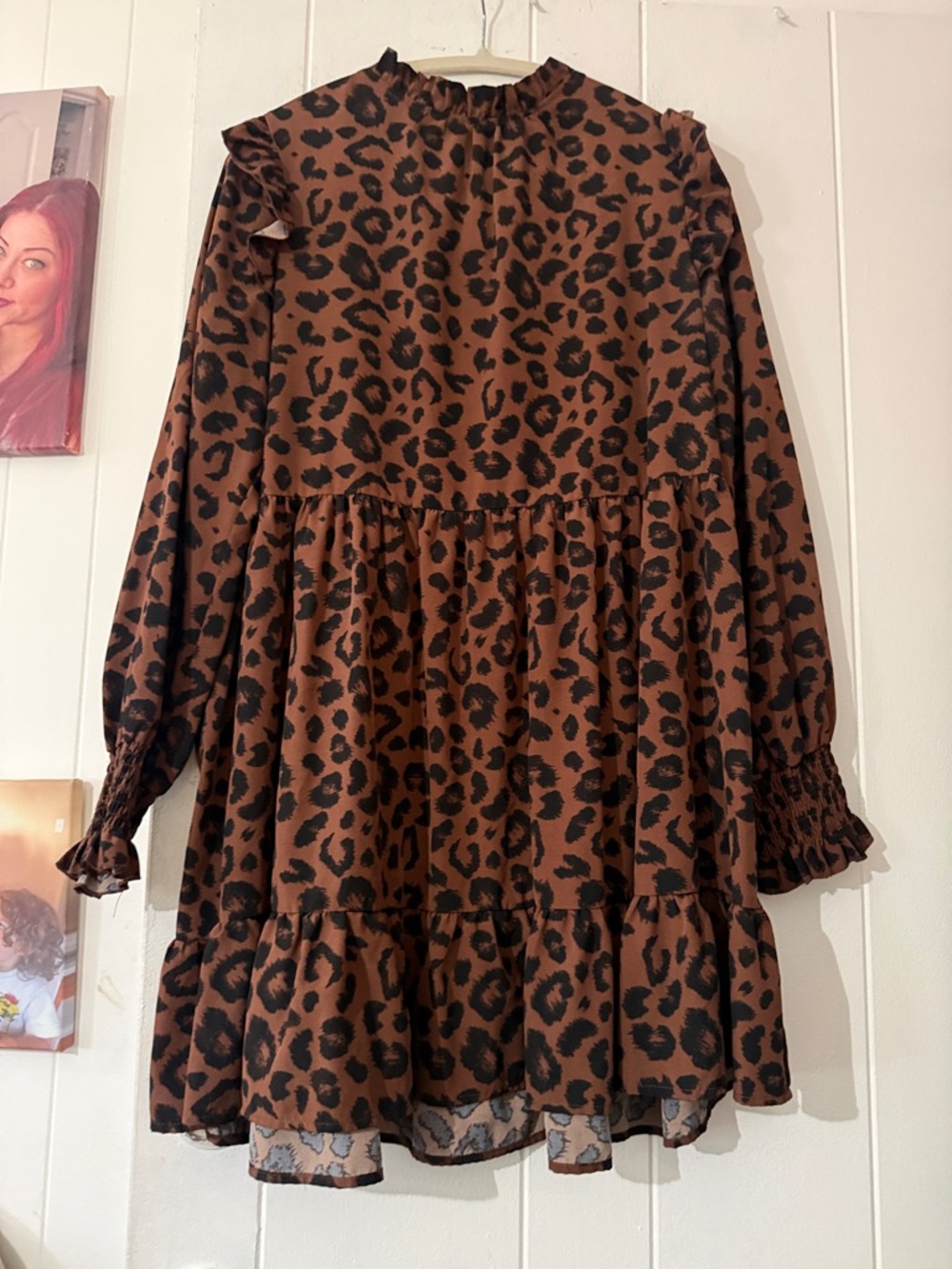 SHEIN Brown and Black Leopard Print Long Sleeve Tiered Dress